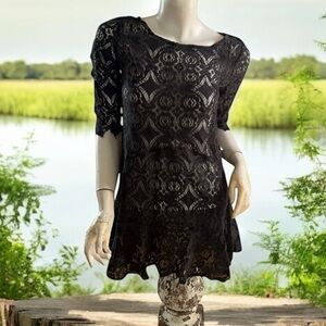 Free People black lace floral scoop neck boho chic bohemian dress XS
